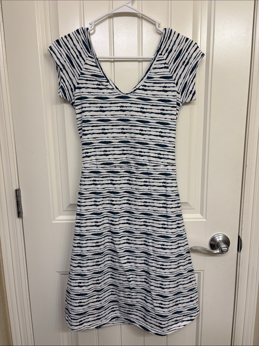 Pact White and Blue Striped V-Neck Mini Dress